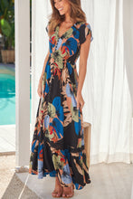 Load image into Gallery viewer, Augustina Black Multi Colour Leaf Print Button Front Maxi Dress