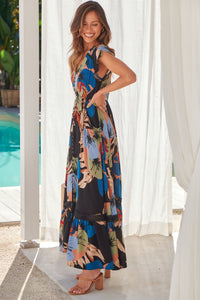 Augustina Black Multi Colour Leaf Print Button Front Maxi Dress