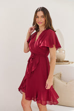 Load image into Gallery viewer, Zahara Chiffon Plum Red Cross Over Tie Waist Evening Dress