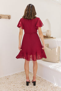 Zahara Chiffon Plum Red Cross Over Tie Waist Evening Dress