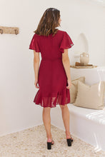 Load image into Gallery viewer, Zahara Chiffon Plum Red Cross Over Tie Waist Evening Dress