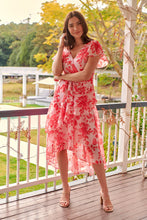 Load image into Gallery viewer, Aida Pink/Red Floral Print Frill Evening Dress