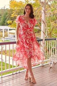 Aida Pink/Red Floral Print Frill Evening Dress