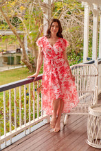 Load image into Gallery viewer, Aida Pink/Red Floral Print Frill Evening Dress