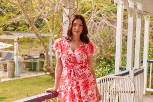 Aida Pink/Red Floral Print Frill Evening Dress