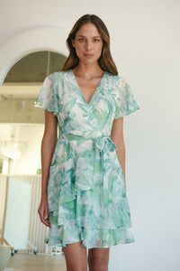 Paloma Chiffon Green/White Floral Cross Over Dress