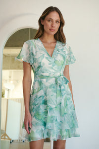 Paloma Chiffon Green/White Floral Cross Over Dress