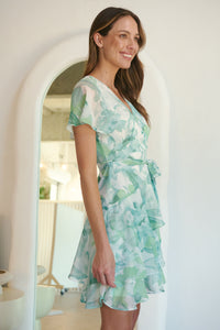 Paloma Chiffon Green/White Floral Cross Over Dress