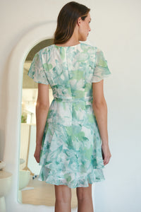 Paloma Chiffon Green/White Floral Cross Over Dress