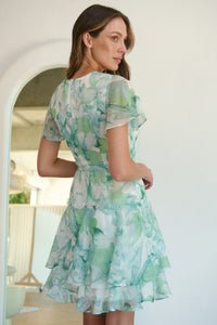 Paloma Chiffon Green/White Floral Cross Over Dress