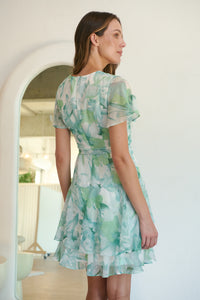 Paloma Chiffon Green/White Floral Cross Over Dress