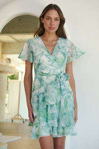 Paloma Chiffon Green/White Floral Cross Over Dress