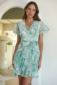 Paloma Chiffon Green/White Floral Cross Over Dress