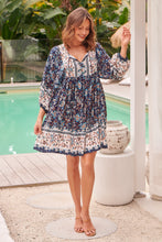 Load image into Gallery viewer, Janis Blue/Brown Floral Boho L/Sleeve Smock Dress