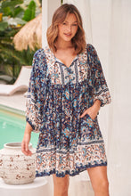 Load image into Gallery viewer, Janis Blue/Brown Floral Boho L/Sleeve Smock Dress