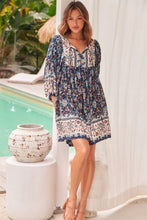 Load image into Gallery viewer, Janis Blue/Brown Floral Boho L/Sleeve Smock Dress
