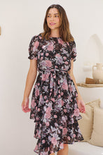 Load image into Gallery viewer, Tullia Black/Purple/Grey Frill Floral Evening Dress