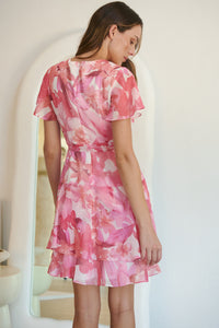 Paloma Chiffon Pink/White Floral Cross Over Dress