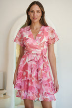 Load image into Gallery viewer, Paloma Chiffon Pink/White Floral Cross Over Dress