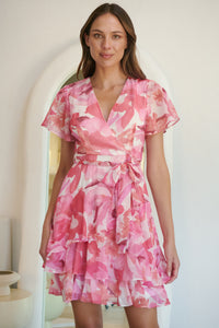 Paloma Chiffon Pink/White Floral Cross Over Dress