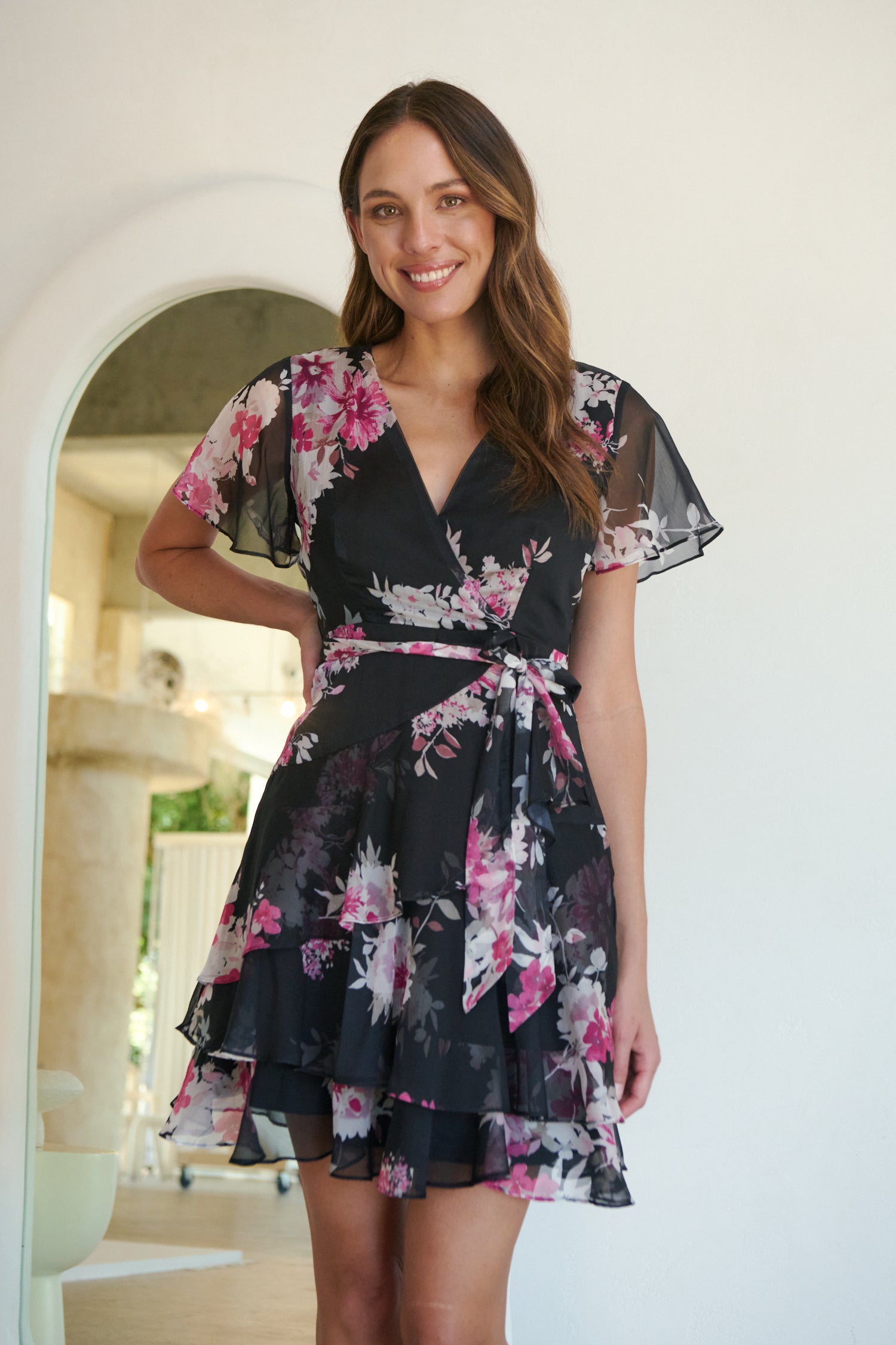 Paloma Chiffon Black/Pink Floral Cross Over Dress