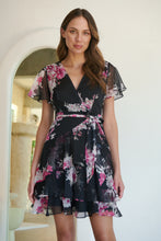 Load image into Gallery viewer, Paloma Chiffon Black/Pink Floral Cross Over Dress