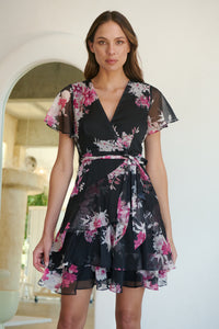 Paloma Chiffon Black/Pink Floral Cross Over Dress