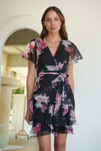 Load image into Gallery viewer, Paloma Chiffon Black/Pink Floral Cross Over Dress