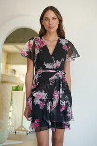 Paloma Chiffon Black/Pink Floral Cross Over Dress