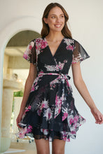 Load image into Gallery viewer, Paloma Chiffon Black/Pink Floral Cross Over Dress