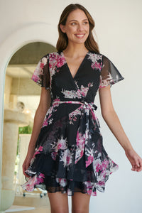 Paloma Chiffon Black/Pink Floral Cross Over Dress