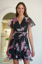 Load image into Gallery viewer, Paloma Chiffon Black/Pink Floral Cross Over Dress