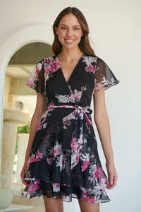 Paloma Chiffon Black/Pink Floral Cross Over Dress