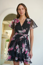 Load image into Gallery viewer, Paloma Chiffon Black/Pink Floral Cross Over Dress