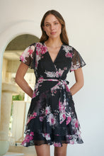 Load image into Gallery viewer, Paloma Chiffon Black/Pink Floral Cross Over Dress