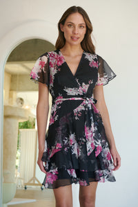 Paloma Chiffon Black/Pink Floral Cross Over Dress