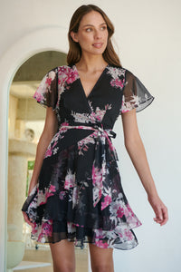 Paloma Chiffon Black/Pink Floral Cross Over Dress