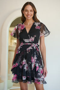 Paloma Chiffon Black/Pink Floral Cross Over Dress