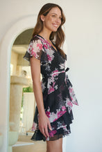 Load image into Gallery viewer, Paloma Chiffon Black/Pink Floral Cross Over Dress