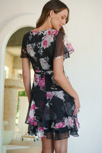 Load image into Gallery viewer, Paloma Chiffon Black/Pink Floral Cross Over Dress