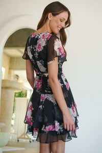 Paloma Chiffon Black/Pink Floral Cross Over Dress