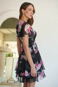 Paloma Chiffon Black/Pink Floral Cross Over Dress