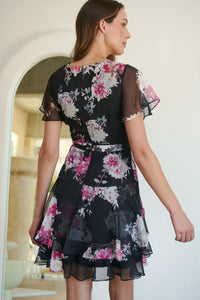 Paloma Chiffon Black/Pink Floral Cross Over Dress