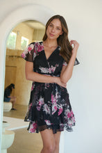 Load image into Gallery viewer, Paloma Chiffon Black/Pink Floral Cross Over Dress