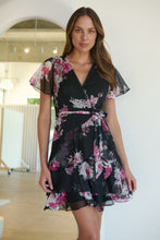 Load image into Gallery viewer, Paloma Chiffon Black/Pink Floral Cross Over Dress