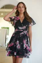 Load image into Gallery viewer, Paloma Chiffon Black/Pink Floral Cross Over Dress