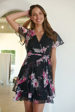 Load image into Gallery viewer, Paloma Chiffon Black/Pink Floral Cross Over Dress