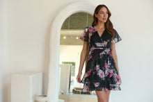 Load image into Gallery viewer, Paloma Chiffon Black/Pink Floral Cross Over Dress