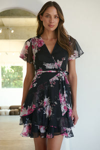 Paloma Chiffon Black/Pink Floral Cross Over Dress