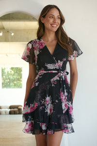 Paloma Chiffon Black/Pink Floral Cross Over Dress